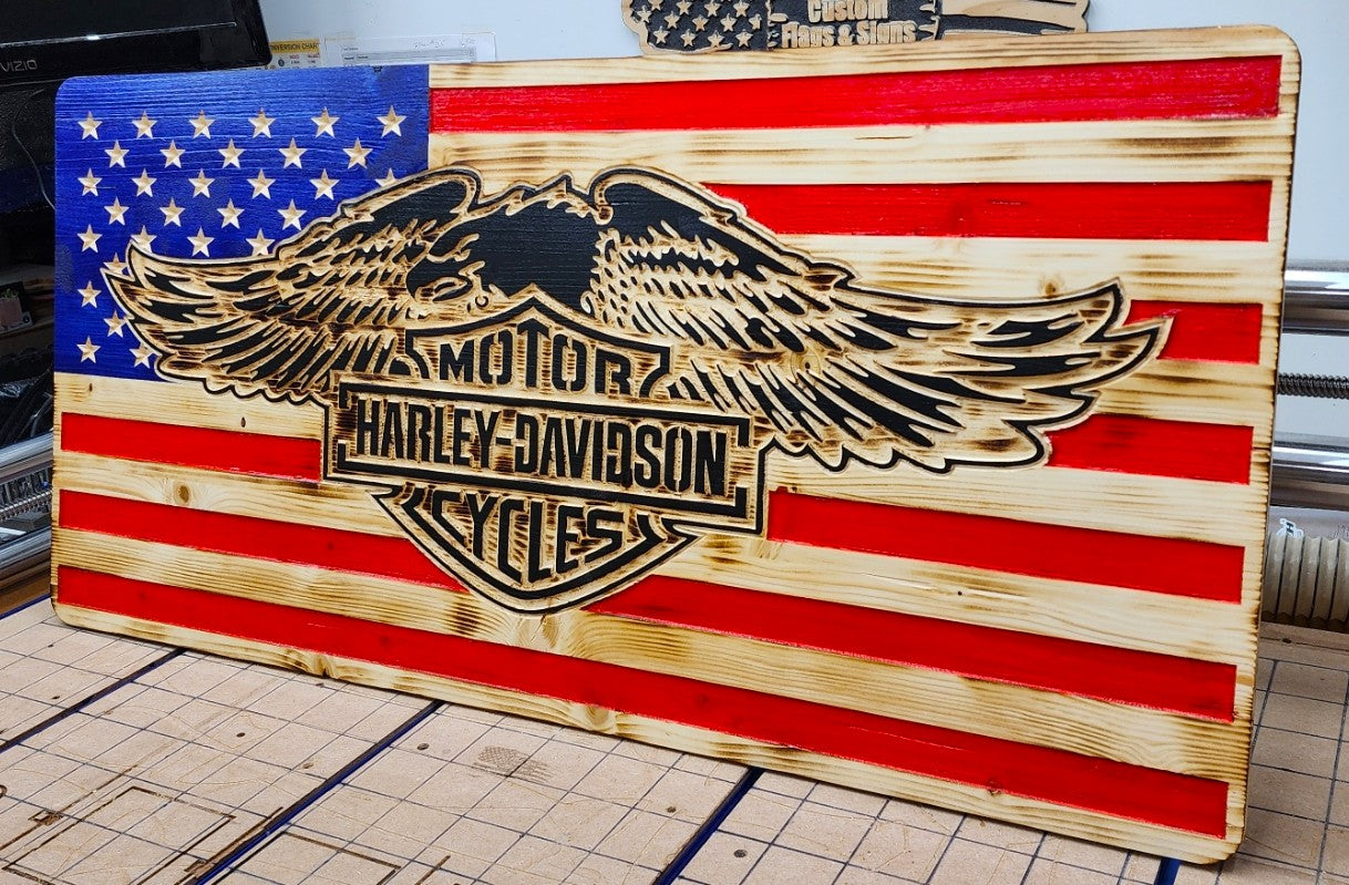 16" X 26" Wooden American Flag - Eagle - Pine Wood - Red White & Blue Flag