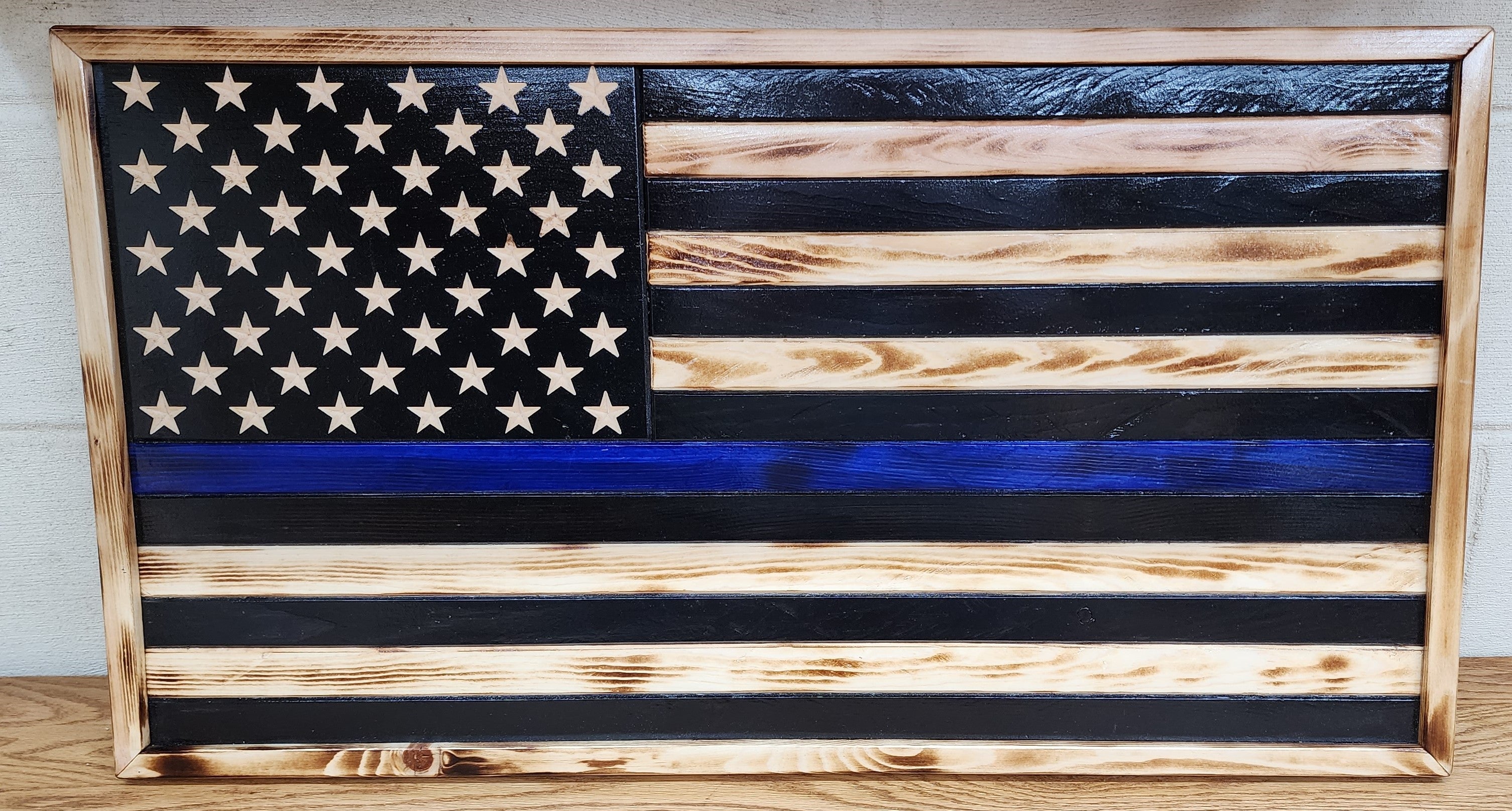 Torched Wooden Flag Thin 2024 Blue Line Medium Size (37” x 19.5” x .75”)