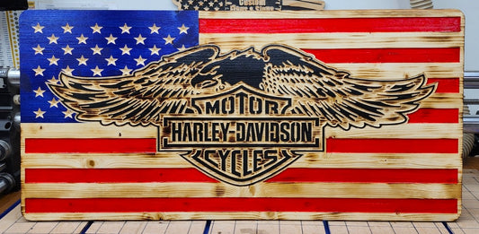 16" X 26" Wooden American Flag - Eagle - Pine Wood - Red White & Blue Flag