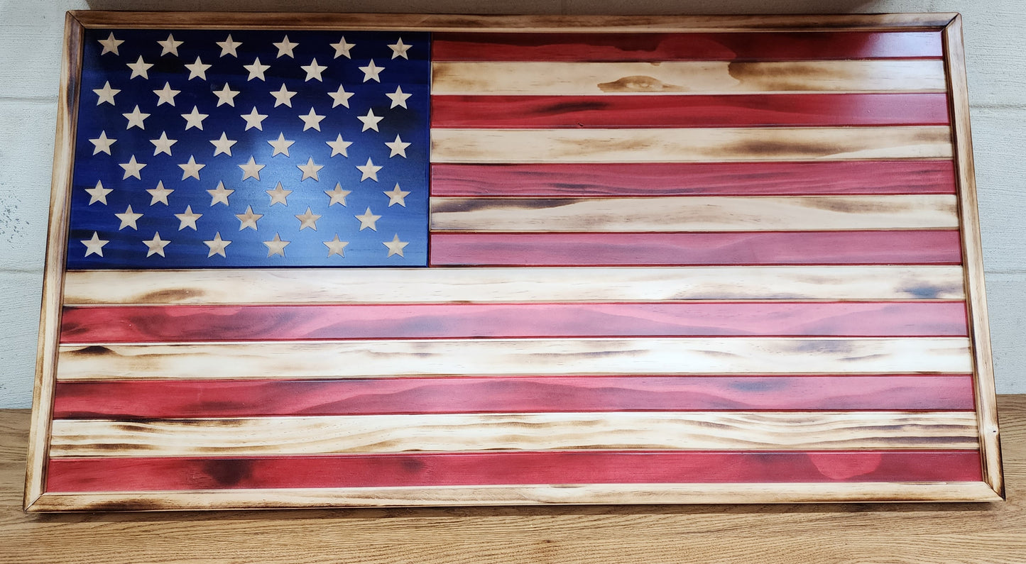 Rustic 19 1/2"X37" Traditional Wooden American US Flag with Frame